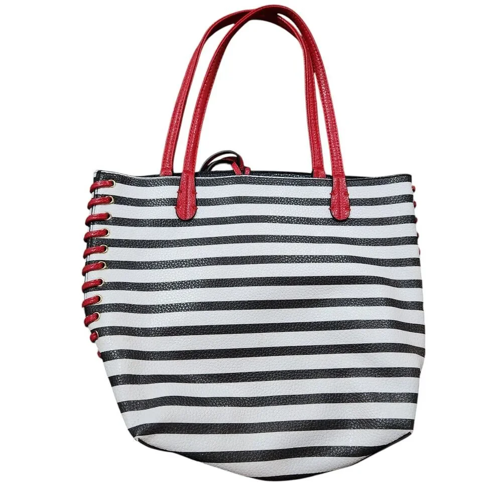 Striped Leather Tote Medium Size Carryall Beachy‎ Casual Everyday Simple Corded